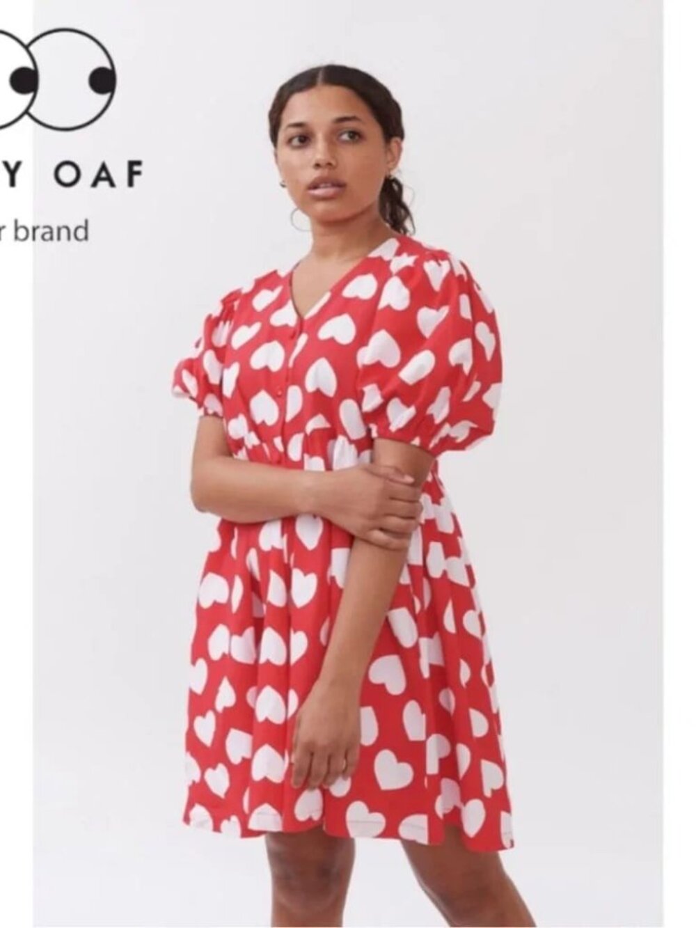 Lazy Oaf Red Heart All Over Print Puff Sleeve Cotton Dress UK 8